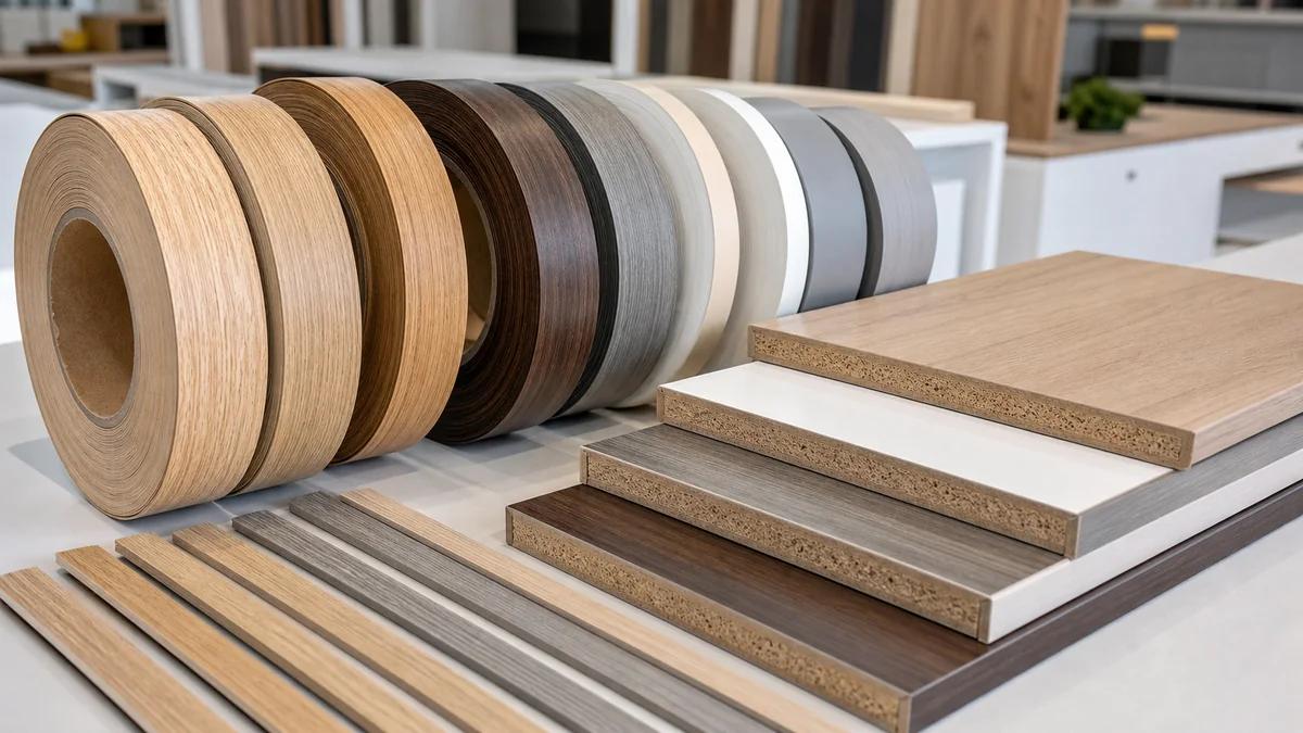Stacks of edge banding rolls in white, grey, beige and darker tones on pallets in a warehouse