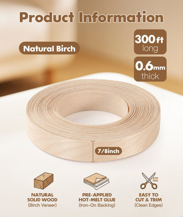Roll of pale natural birch real wood veneer edge banding on a product info card