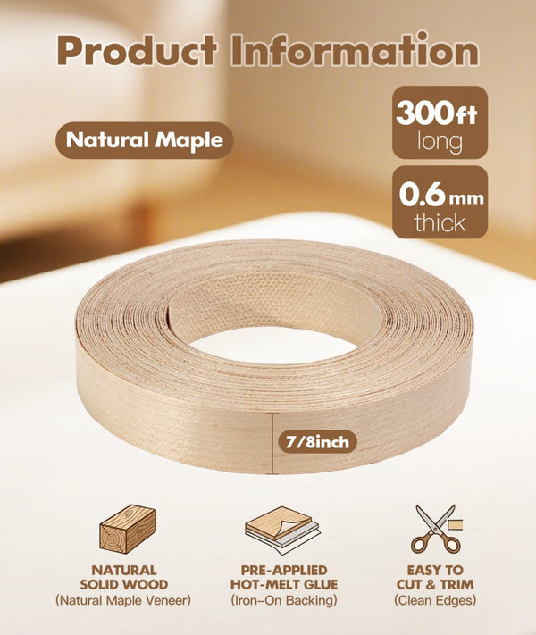 Roll of light natural maple real wood veneer edge banding on a product info card